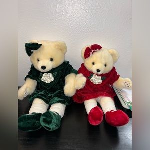 Set of 2 rare Vintage MTY Velvet Green Red Teddy Bear Plush Stuffed 21” & 26”